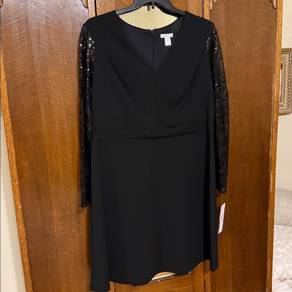 London Times NWT Black Dress with Sequin Sleeves, 14W